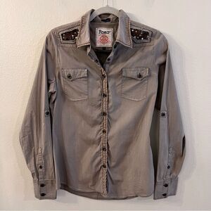 Roar Shirt Women’s Gray Size Large Sequin Rhinestones Western Rodeo Snap Front